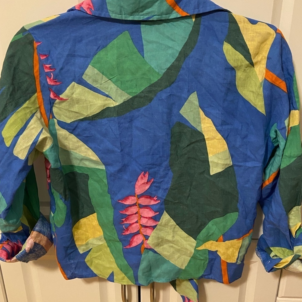 Christian Siriano New York Tropical Print Linen Blend Tie-Front Top Small - Picture 4 of 6